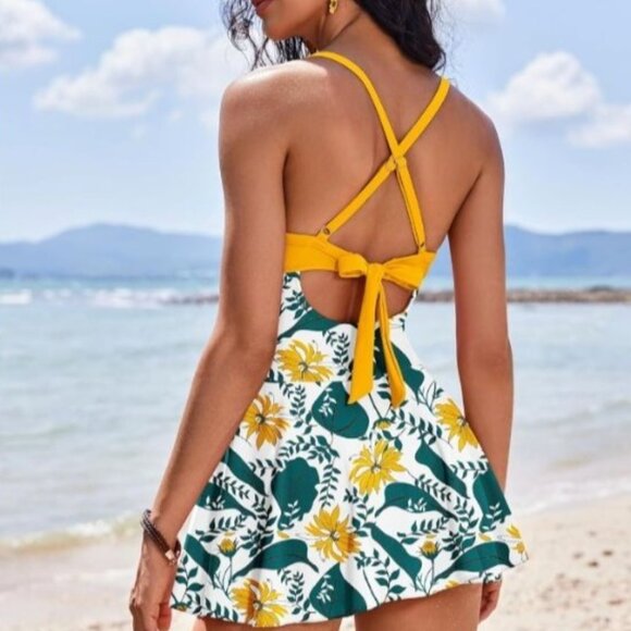 Womens 2XL Floral Print Backless Swimdress Tummy Control Beach Pool Sexy - Picture 2 of 11